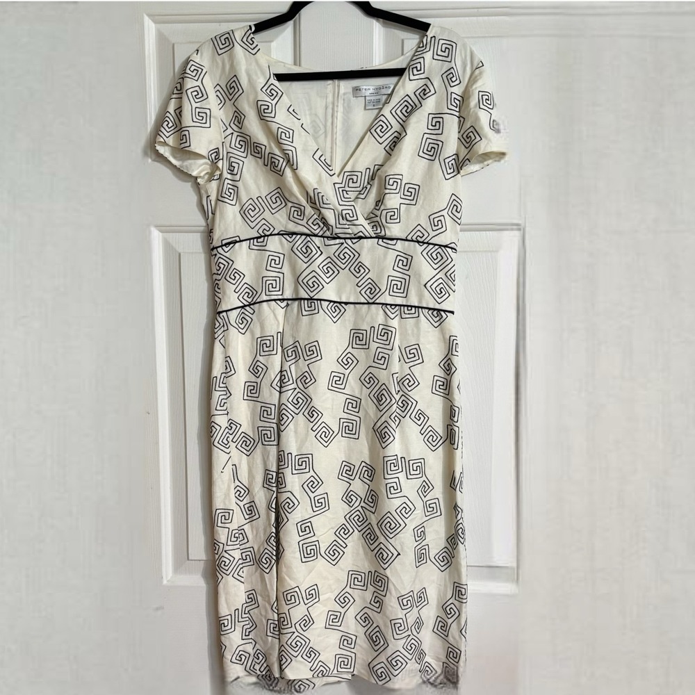 Peter Nygard Sheath Dress Womens 8 Ivory NWOT Greek Key Linen Blend Embroidered